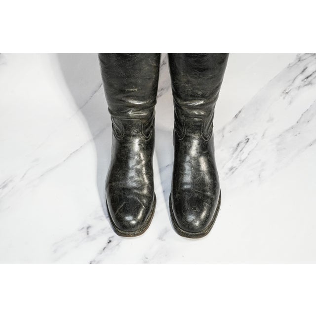 Authentic Brown & Black Antique English Leather Riding Boots Wood Tree Forms Horse Equestrian Country Home Decor Prop For Sale - Image 4 of 9