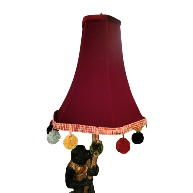 Red Vintage Customized Palm Beach Regency Monkey Parasol Marble Base Ball Fringe Table Lamps- A Pair For Sale - Image 8 of 12