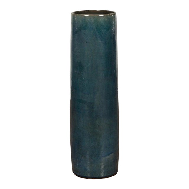 Artisan Made Prem Collection Blue Floor Ceramic Vase with Screen Patterns For Sale
