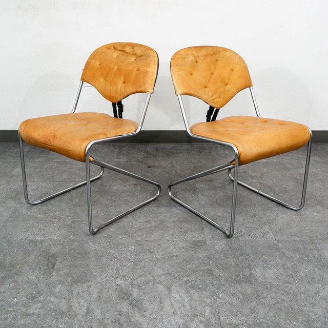 Mid-Century Modern 1960s Mid Century Danish Modern Dining Chairs Set 5 Tan Leather Attributed to Sam Larsson Dux Metal For Sale - Image 3 of 12