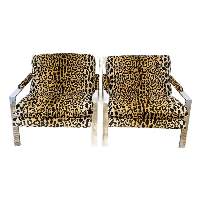 Vintage 1970s Cy Mann Pair of Leopard & Chrome Lounge Chairs Mid Century Modern For Sale