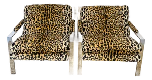 Vintage 1970s Cy Mann Pair of Leopard & Chrome Lounge Chairs Mid Century Modern