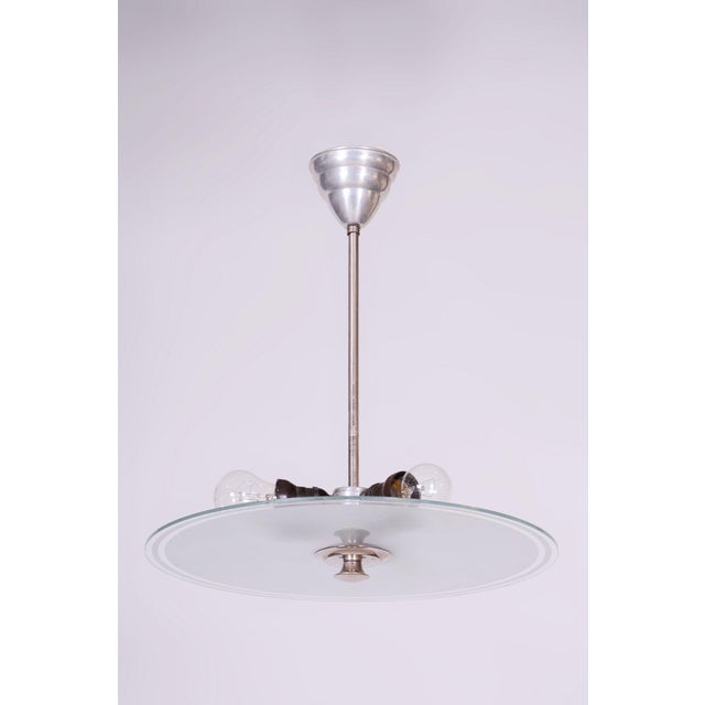 Bauhaus Chandelier in Chrome, Steel and Frosted Glass, Czech, 1930s For Sale - Image 9 of 9