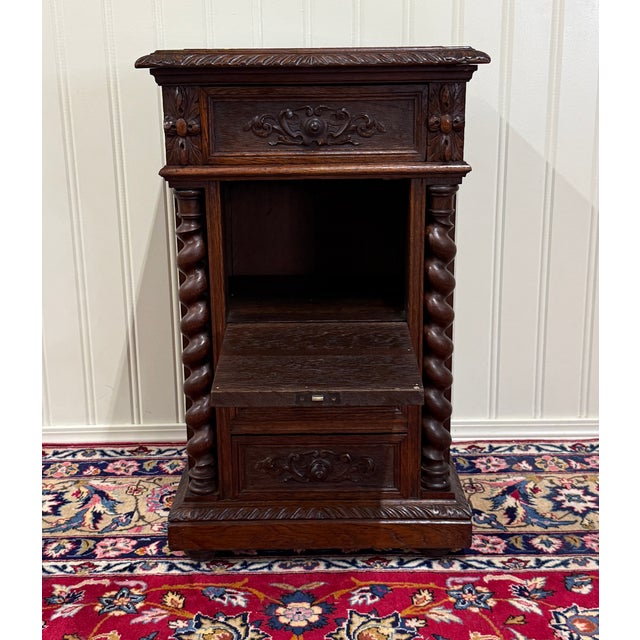 Antique French Marble Top Chest Side or End Table Nightstand Barley Twist Oak For Sale - Image 12 of 18