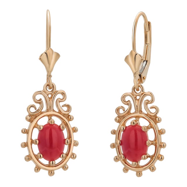 Vintage 14 Karat Yellow Gold Coral Lever Back 1.25 Inch Long Drop Earrings - 2 Pieces For Sale