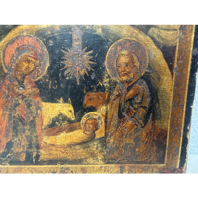 Antique Early 19th Century Russian Icon Nativity of Jesus Christ Oil Painting For Sale In New York - Image 6 of 11