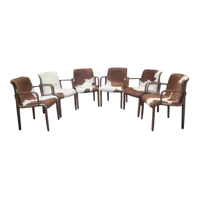 Mid Century Modern Bill Stephens Walnut Armchairs for Knoll Newly Reupholstered in Cowhide For Sale