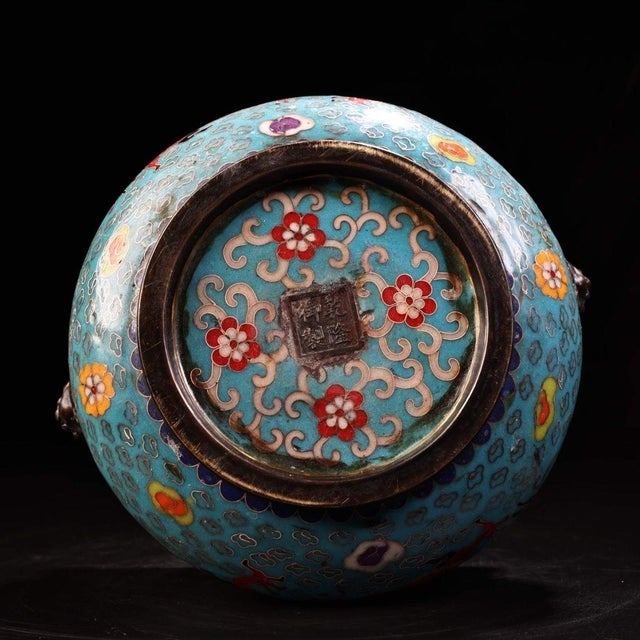 1980s Vintage Chinese Cloisonné Enamel Dragon Censer, Bronze Tiger‑Head Handle Incense Burner For Sale - Image 5 of 9