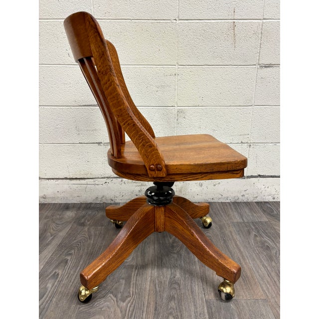 Wood Antique Oak Adjustable Swivel Desk Chair Banker Lawyer Jury Office Chair For Sale - Image 7 of 11