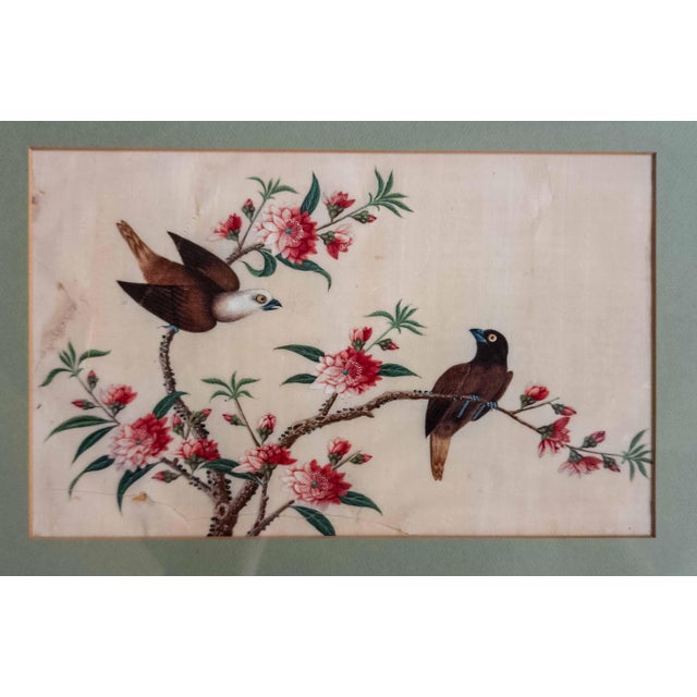 Chinoiserie 19th or 20th Century Chinese Watercolor Pith Paper Painting of Birds Arguing For Sale - Image 3 of 16