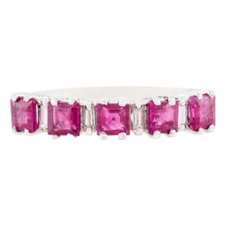Square Cut Natural Ruby & Diamond Geometric Stacking Ring Size 6.5 in 14k Gold For Sale