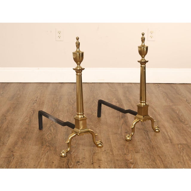 High Quality Pair of Traditional Brass Andirons With Urn Finials And Claw Feet