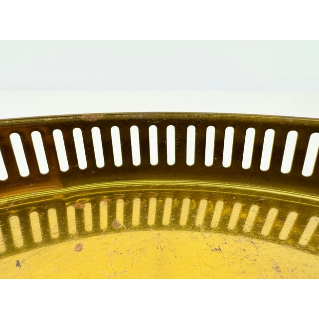 Vintage Hollywood Regency Round Brass Gallery Tray With Pierced Rim For Sale In Little Rock - Image 6 of 9