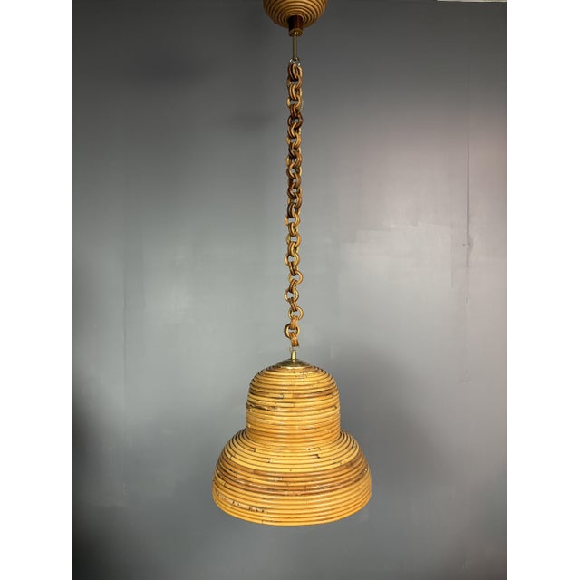 Mid-Century Italian Pencil Reed Rattan Bamboo and Brass Hanging Pendant Lamp, 1970s For Sale - Image 10 of 14