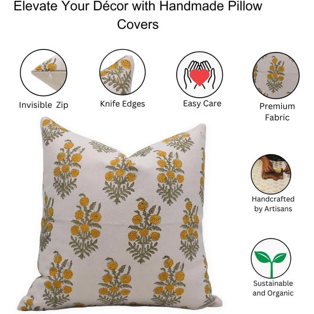 Fabdivine Artisan Block Print Throw Pillow Cover 14x14 Inch Duck Canvas-Hajara For Sale - Image 4 of 4