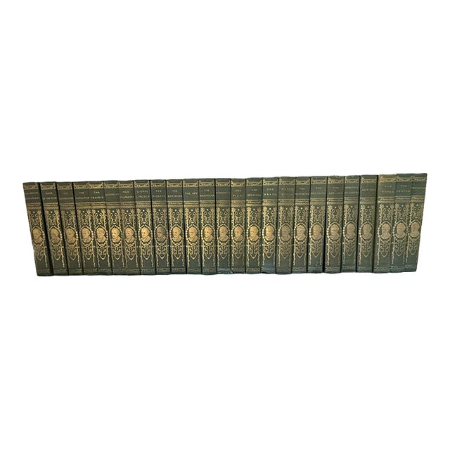 Antique Green Gold Decorative Book Set of 25 James Fenimore Cooper For Sale