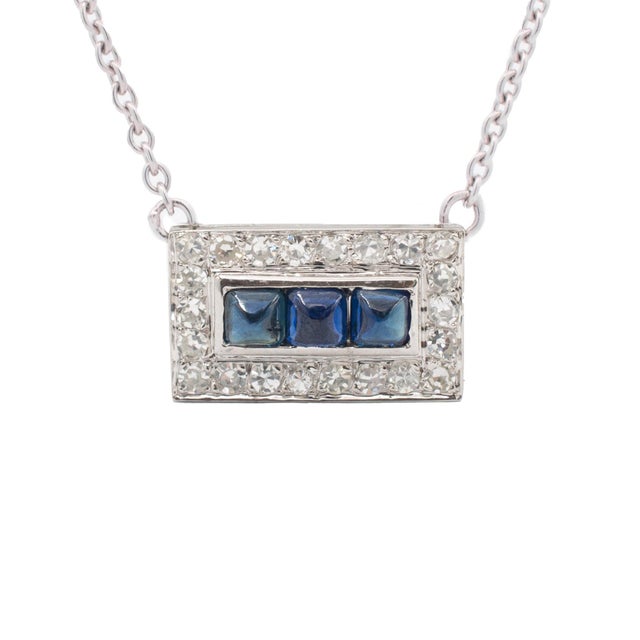 Art Deco Ladies Antique Art Deco 18k White Gold Sapphire Diamond Cocktail Necklace For Sale - Image 3 of 6