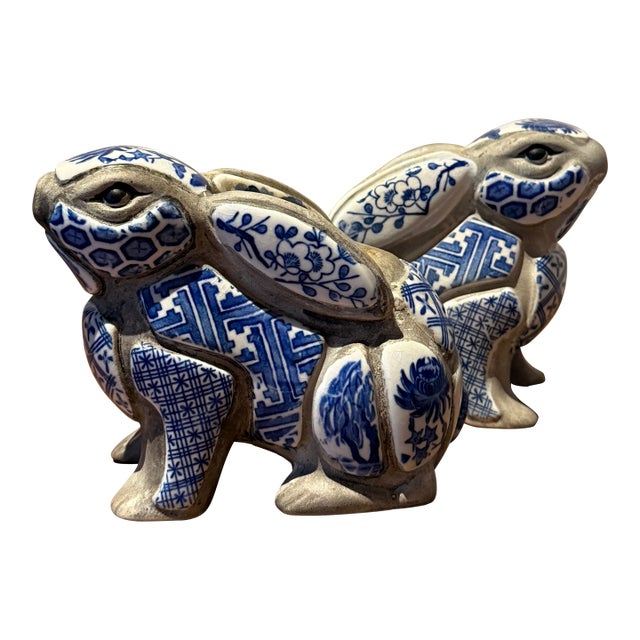 Blue and White Rabbit Candle Stick Holder Set Created by Artist Nancy Lopez in the 1980s Sold Through Tiffany & Co For Sale