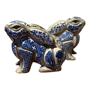 Blue and White Rabbit Candle Stick Holder Set Created by Artist Nancy Lopez in the 1980s Sold Through Tiffany & Co