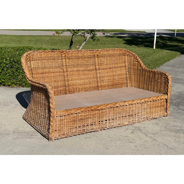 Contemporary Vintage 72” Handwoven Rattan Sofa With Large Braid Trim For Sale - Image 3 of 12