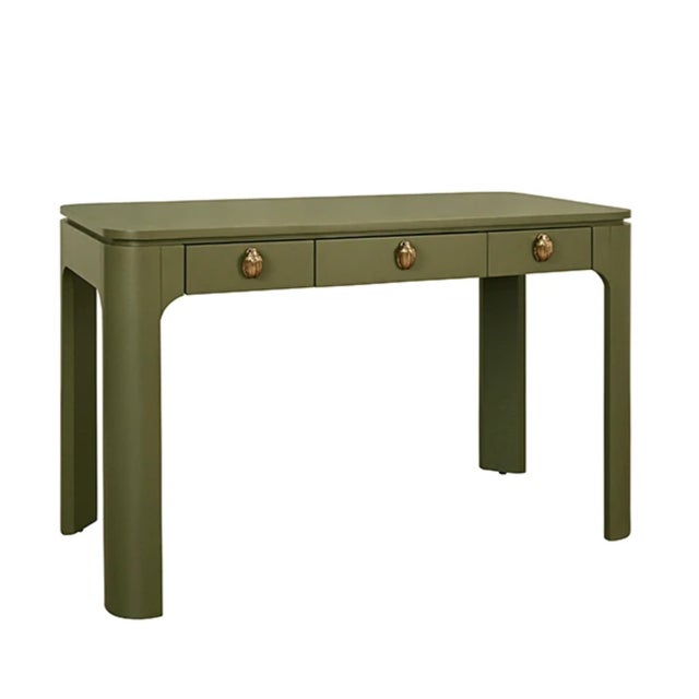 Contemporary Matthew Izzo Home Theo Three Drawer Olive Green Lacquer Desk With Brass Beetle Knobs For Sale - Image 3 of 11
