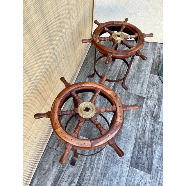 A Pair of Vintage Handcrafted Ship's Wheel Glass Top Side Tables. Circa 1970s For Sale - Image 9 of 18