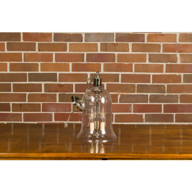 Mid 20th Century Mid 20th Century English Midcentury Nickel Light Fixture with Three Arms and Glass Bell For Sale - Image 5 of 12