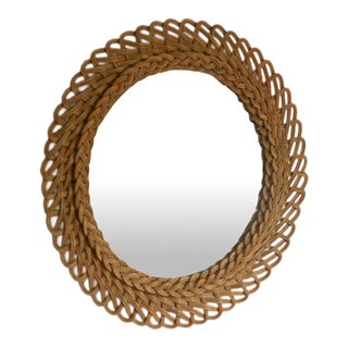 Round Wicker Framed Wall Mirror For Sale