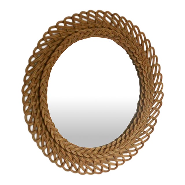 Round Wicker Framed Wall Mirror For Sale