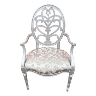 1990s Carved Oval Back Hollywood Regency Style Accent Armchair in Soft Silver Finish For Sale