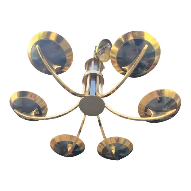 Vintage Brass Dark Smoky Metal 6 Light Mid Century Modern Pietro Chiesa Parzinger Style Chandelier For Sale