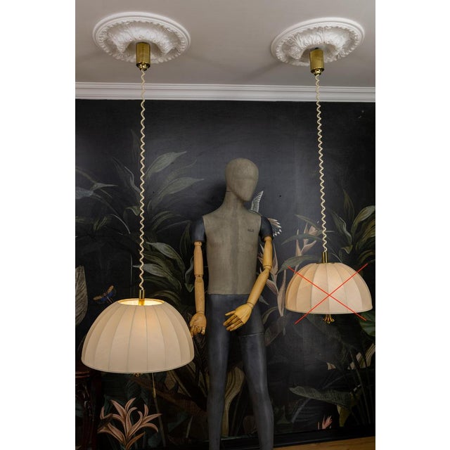 Large Brass and Fabric Lampshade Five-Light Adjustable Height Pendant Lamp, 1980s For Sale - Image 14 of 18