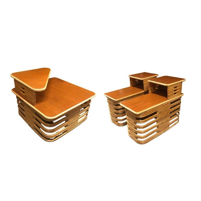 Restored Mid-century Rattan side table set includes a 31" wide square corner table and two matching side tables, each...