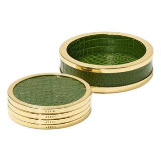 AERIN Classic Croc Leather Coasters, Verde - Set of 4 For Sale