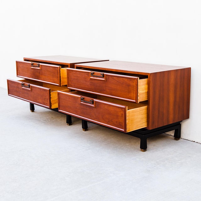 Mid-Century Modern 1960s Restored American of Martinsville Walnut & Brass Two Drawer Commodes / Nightstands For Sale - Image 3 of 15