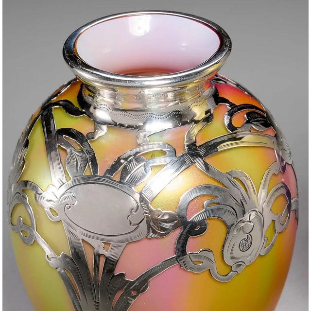Loetz Antique Hand Blown Loetz Candia Silberiris Sterling Silver Overlay Glass Vase For Sale - Image 4 of 14