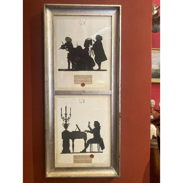 Two very pleasant musical themed silhouettes mixed media paintings. These lovely drawings are made of ink and watercolor...