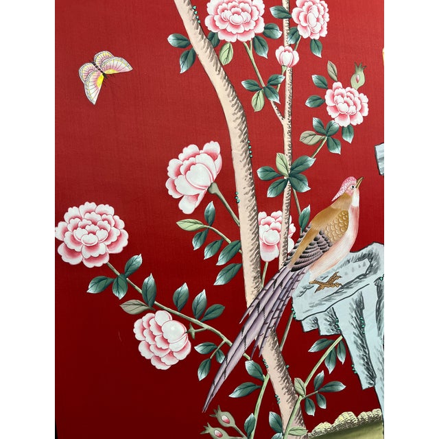 Chinoiserie Red Chinoiserie Fruit Tree & Pheasant Mural | Hand-Painted Wall Decor For Sale - Image 3 of 4