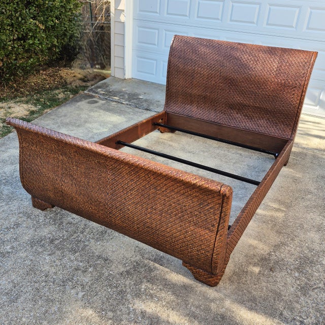 Late 20th Century British Colonial Style Wicker Sleigh Bed Frame - Queen Size For Sale - Image 10 of 10