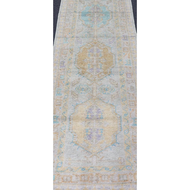 Tribal Turkish Oushak Runner in Soft Pastel Blue, Gold, and Lavender 2'8 X 13'0 For Sale - Image 3 of 13