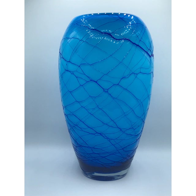 Vintage 1980s Murano Style Hand Blown Threaded Art Glass Vase For Sale - Image 9 of 9