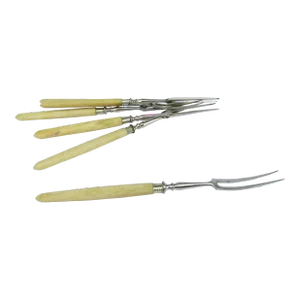 Vintage English Silver and Bone-Carved Handled Long 2-Pronged Forks for Appetizer/Pickling -6 Pieces