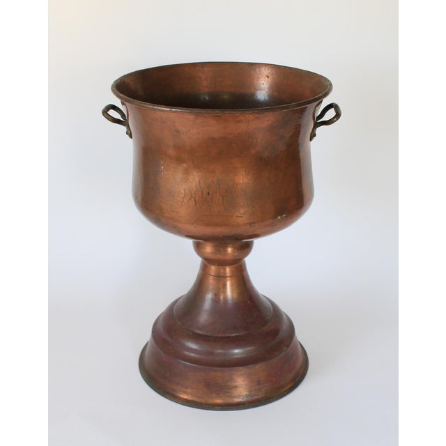 Metal Monumental Footed Copper Planter / Jardiniere With Brass Side Handles and a Wide Flared Pedestal Base For Sale - Image 7 of 11