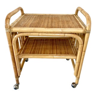 Vintage Boho Chic Rattan Bar Cart For Sale