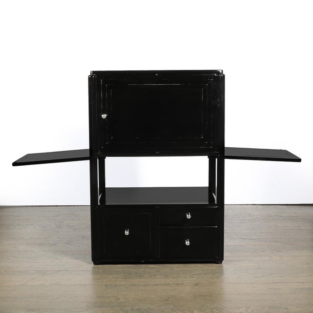 Metal Art Deco Machine Age Bar Cabinet in Black Lacquer With Swivel and Drop Doors For Sale - Image 7 of 18