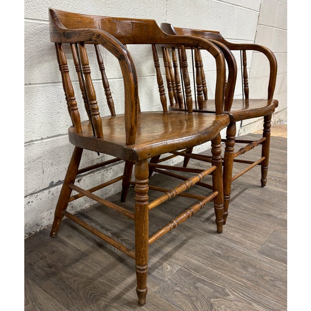 19th Century Antique 19th Century Primitive Oak Barrel Back Pub Chairs Captain’s Arm Chairs For Sale - Image 5 of 11