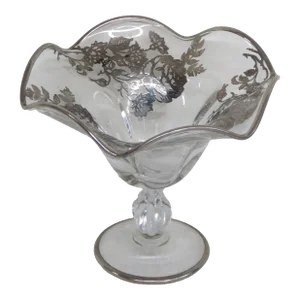 Silver Overlay Clear Glass Ruffle Pedestal Candy Compote Dish