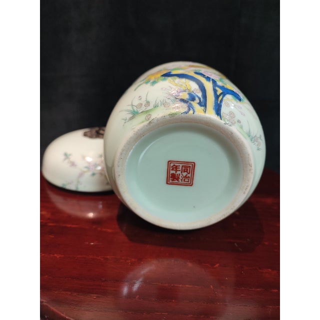 Early 20th Century Chinese Ceramic Pot Qing Dynasty Tongzhi Marked Famille Rose Porcelain Tea Jar Hand Painted Flowers and Birds Pattern For Sale - Image 5 of 11