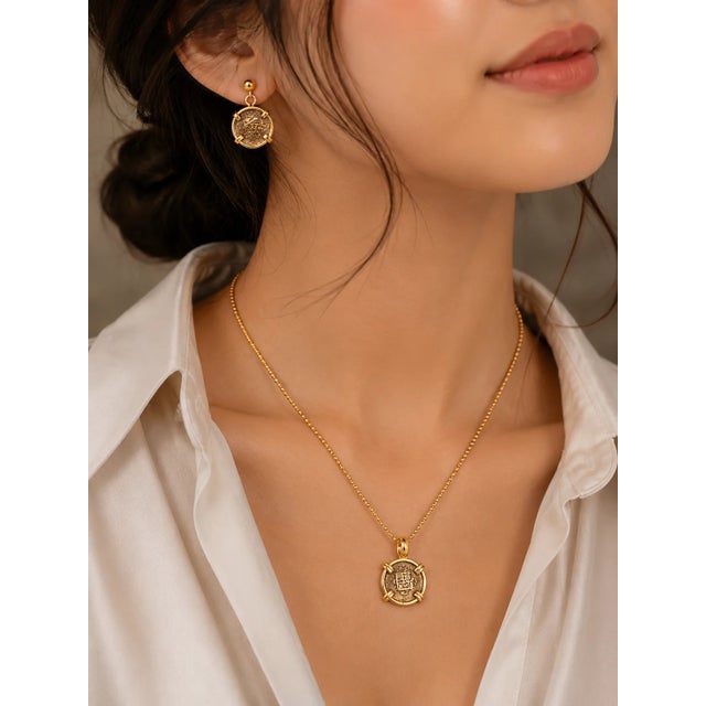 Traditional Antique 14K Yellow Gold Coin Earrings and Pendant Necklace, 3 Pieces For Sale - Image 3 of 3