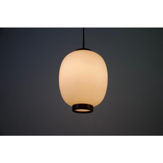 Bent Karlby Small Teak and Opal Glass Pendant Lamp by Bent Karlby for Lyfa, Denmark, 1960s For Sale - Image 4 of 8